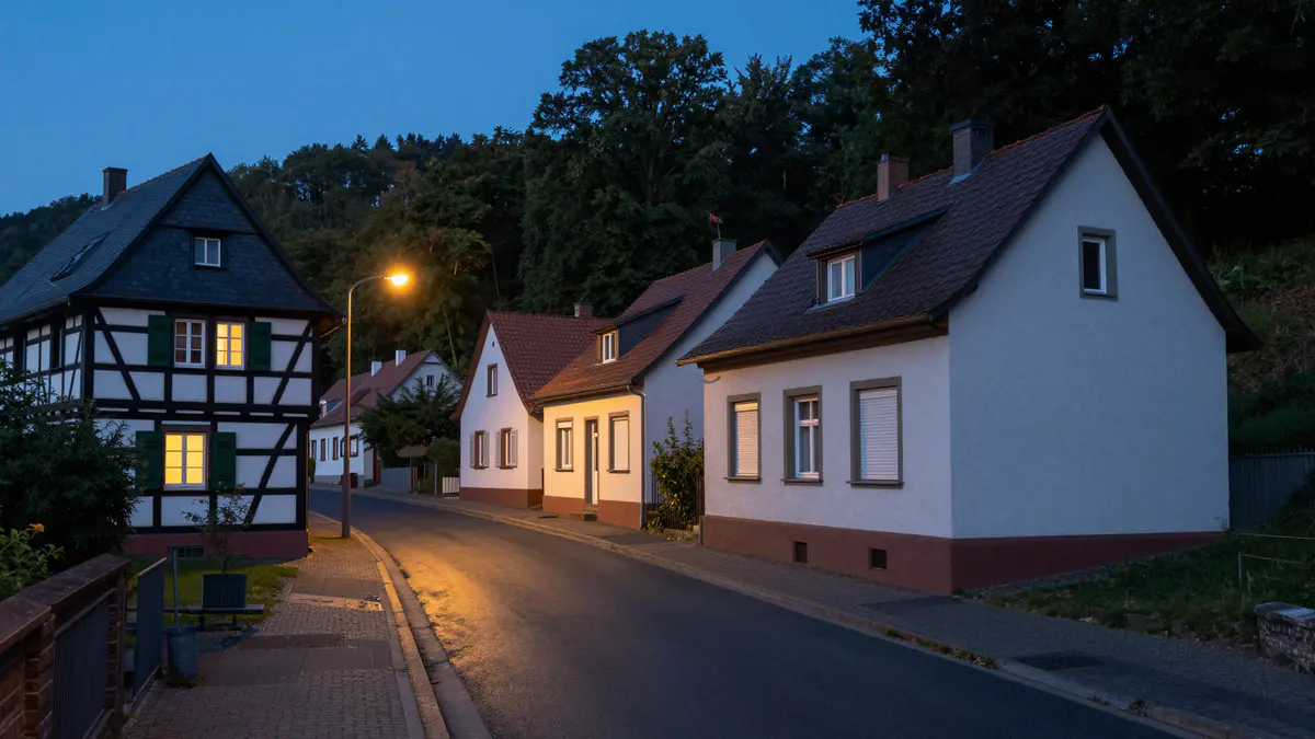 Illustration: Dorfstraße am Abend mit Fachwerkhaus, Schiefergiebel, hell verputzten Häusern und leuchtender Laterne am Waldhang