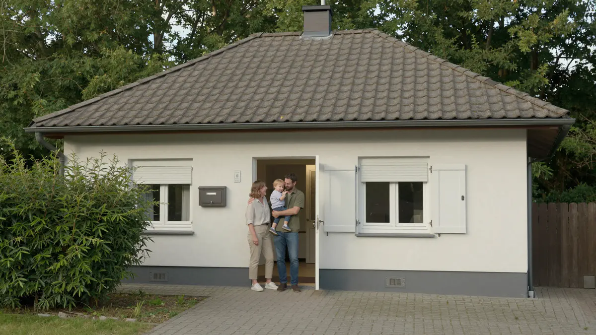 Illustration: Junges Paar mit Kleinkind auf dem Arm steht lachend vor der offenen Haustür eines weiß verputzten Bungalows