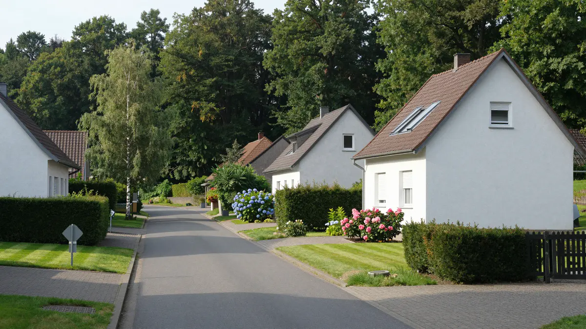 Illustration: Ruhige Wohnstraße mit weiß verputzten Giebelhäusern, Hecken und Hortensien vor einem hohen Laubwald