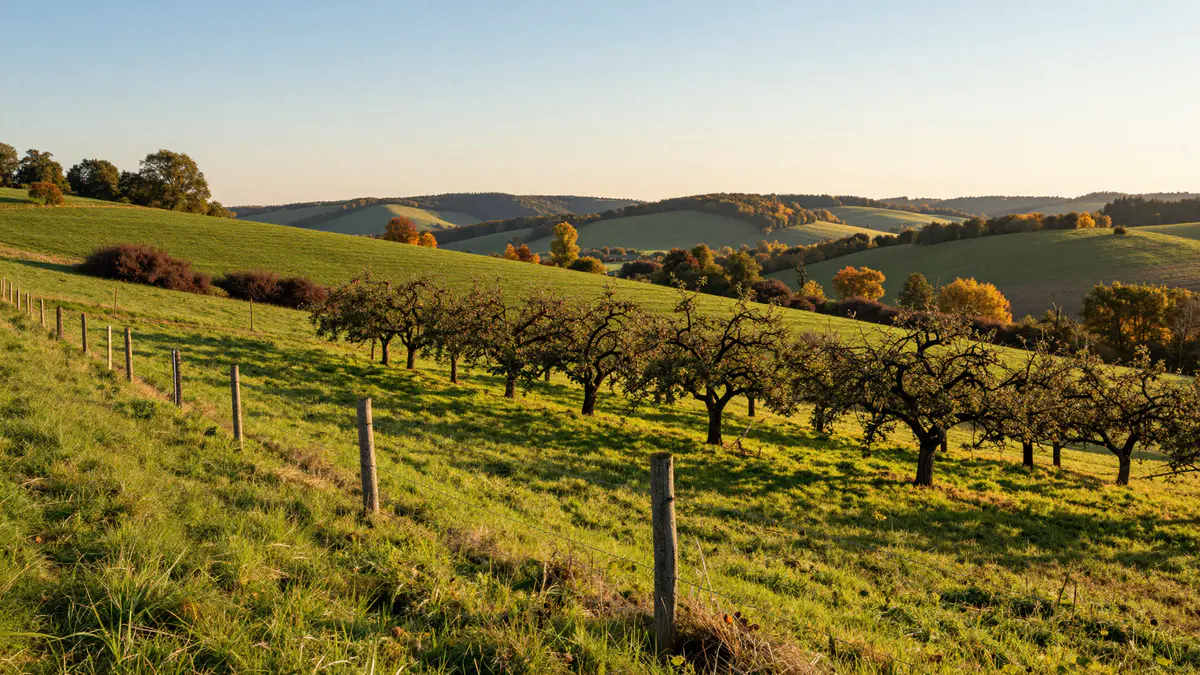 Illustration: Hügelige Obstwiese mit alten Apfelbäumen und einem Weidezaun aus Holzpfählen im warmen Abendlicht