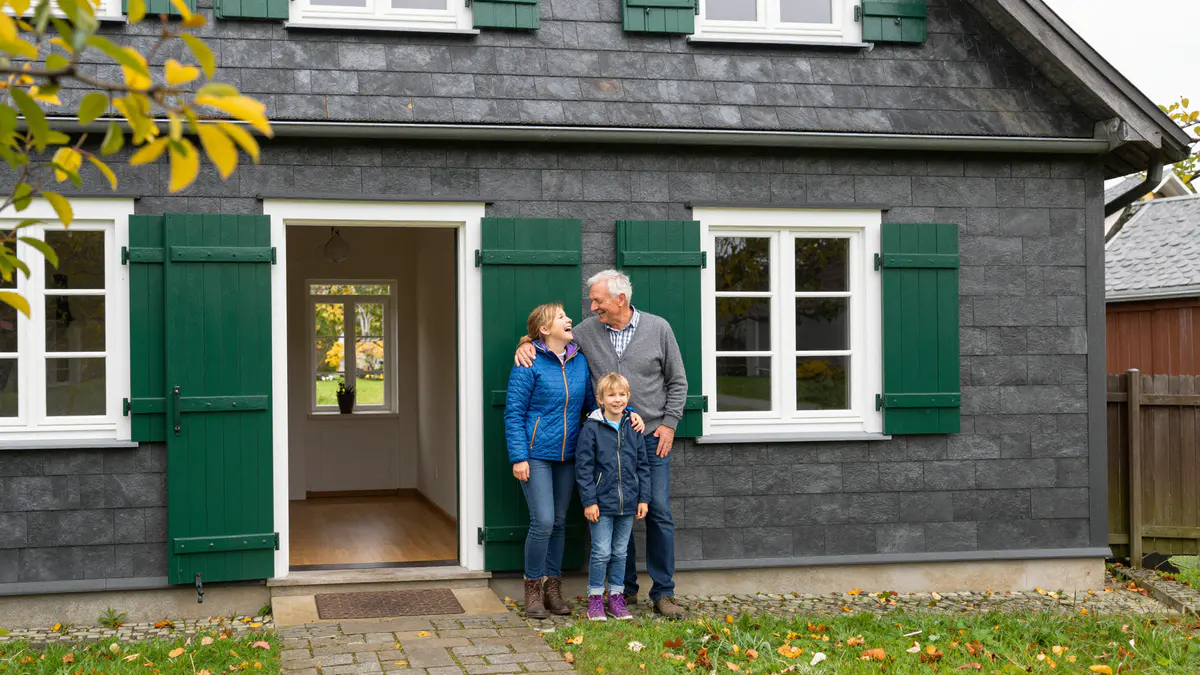 Illustration: Älterer Mann, Frau und Kind stehen lachend vor der offenen Tür eines Schieferhauses mit grünen Fensterläden