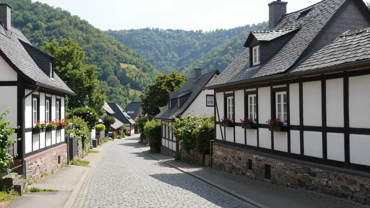 Illustration: Gepflasterte Dorfgasse mit Fachwerkhäusern, Schieferdächern und Geranien vor bewaldeten Hängen im Sommer