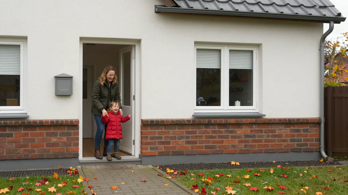 Illustration: Mutter und kleine Tochter in roter Jacke lachen in der offenen Haustür eines weißen Hauses mit Klinkersockel