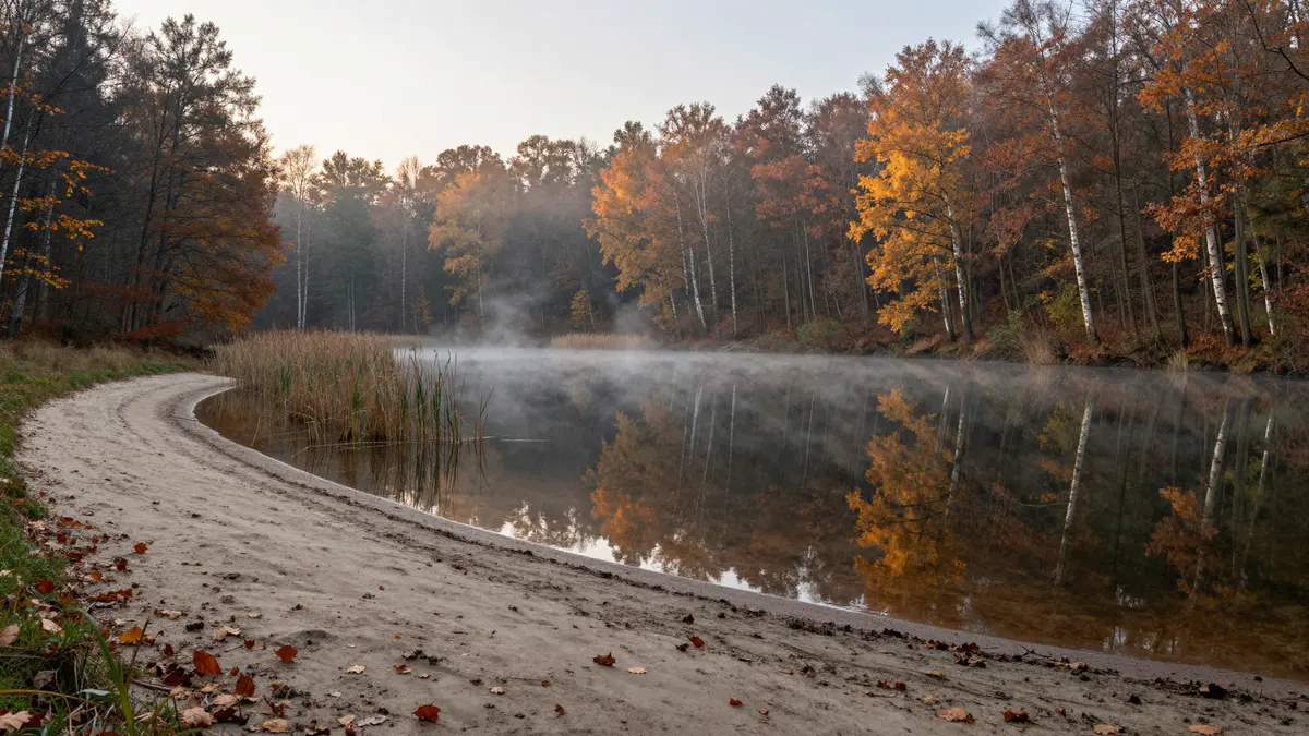 Illustration: Stiller Waldsee im Morgennebel mit hellem Sandufer, Schilf und herbstlich gefärbten Birken und Eichen