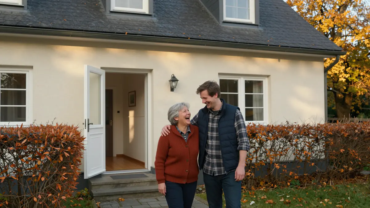 Illustration: Ältere Frau und ihr erwachsener Sohn lachen vor der offenen Haustür eines hell verputzten Hauses, davor eine Buchenhecke im Herbstlaub