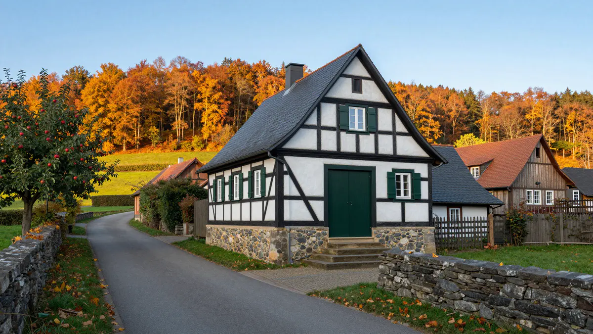 Illustration: Schmale Straße an einem bergischen Fachwerkhaus mit grüner Haustür auf Bruchsteinsockel, daneben ein Apfelbaum, dahinter Buchenwald in leuchtenden Herbstfarben