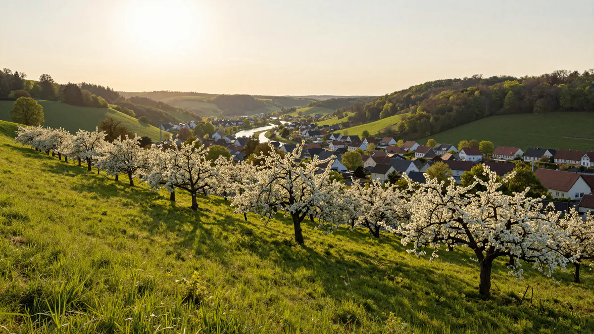 Illustration: Blühende Obstbäume am Wiesenhang über einer kleinen Stadt im Flusstal bei tief stehender Abendsonne