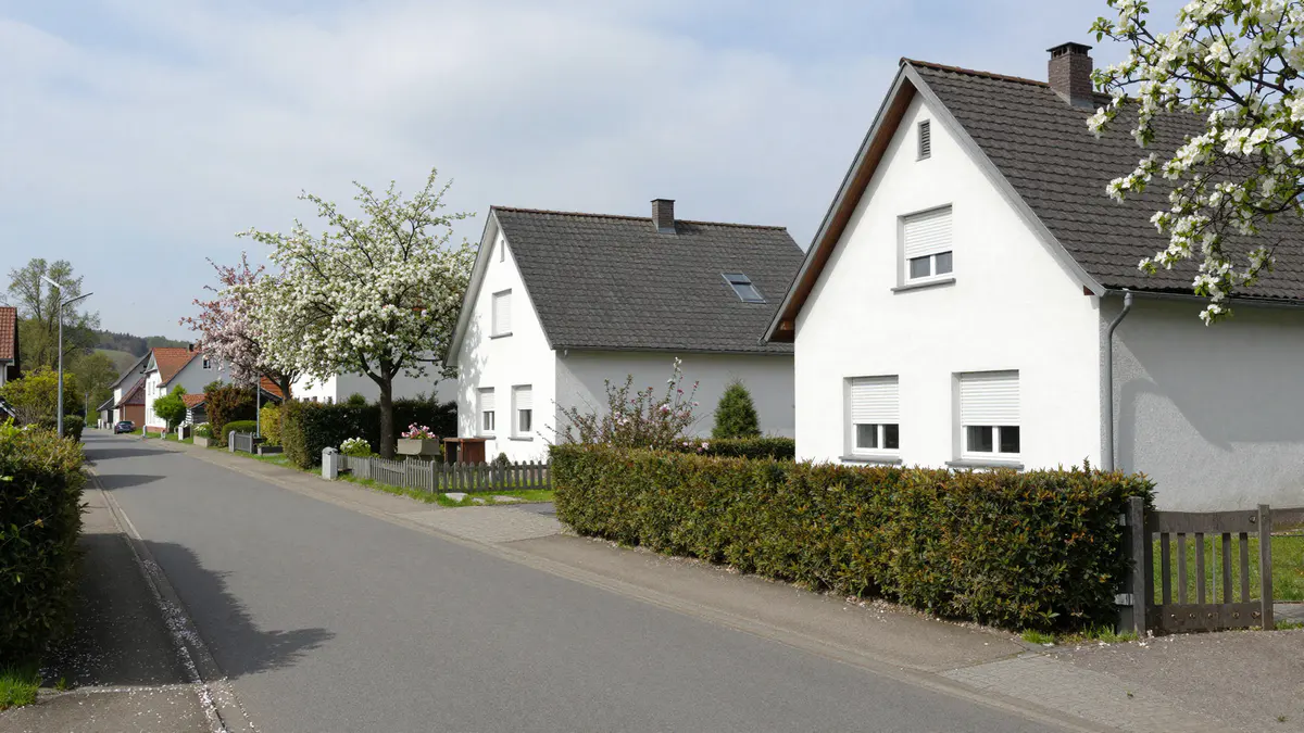Illustration: Ruhige Wohnstraße mit weißen Einfamilienhäusern, dunklen Dächern, Hecken und blühenden Obstbäumen im Frühling
