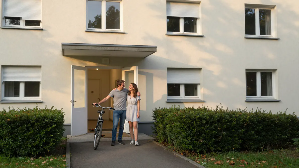 Illustration: Junges Paar mit Fahrrad lacht vor der offenen Haustür eines hell verputzten Mehrfamilienhauses