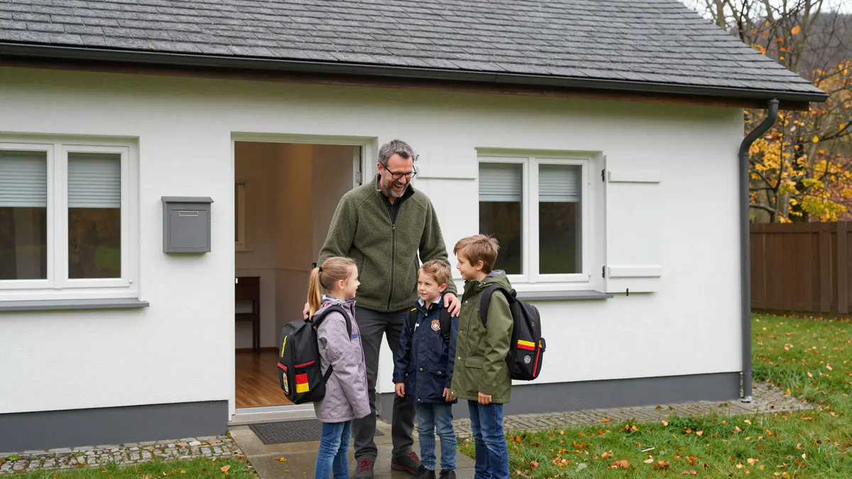 Illustration: Vater mit Brille lacht mit drei Schulkindern vor der offenen Tür eines weißen Hauses mit Schieferdach