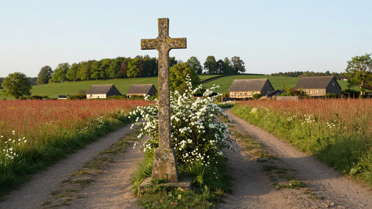 Illustration: Altes Wegekreuz aus Stein neben einem blühenden Weißdorn an der Gabelung zweier Feldwege, dahinter Scheunen im Abendlicht