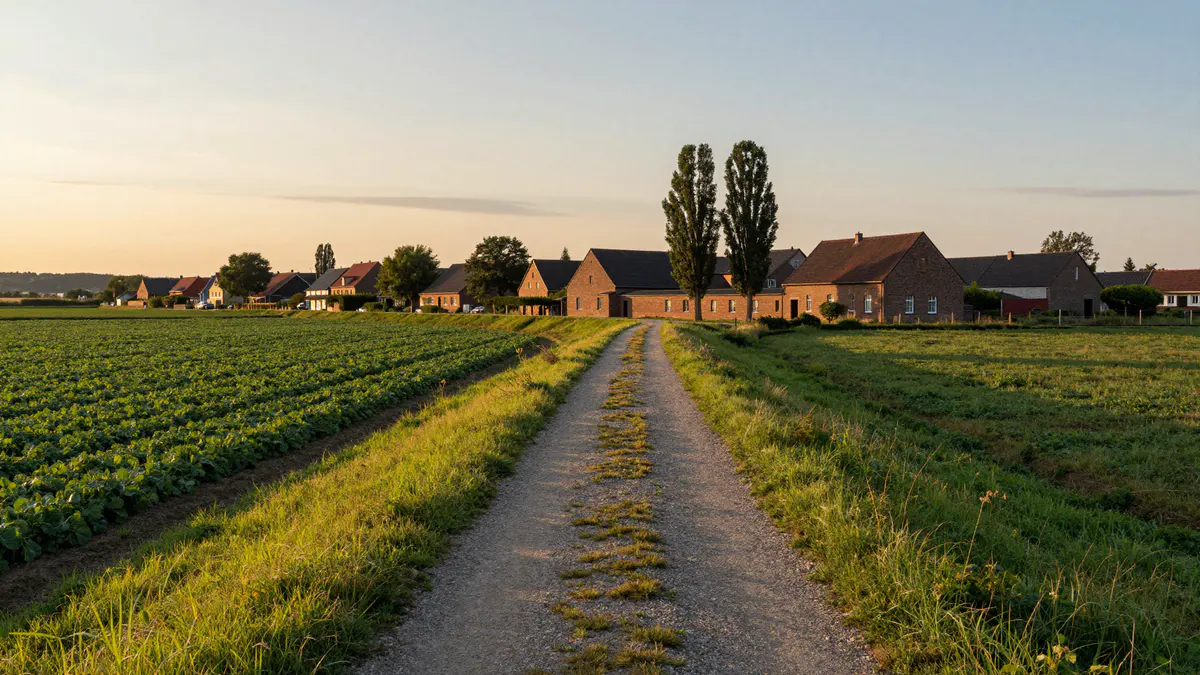 Illustration: Schotterweg zwischen Kohlfeld und Wiese führt im Abendlicht auf Backsteinhöfe mit zwei hohen Pappeln zu
