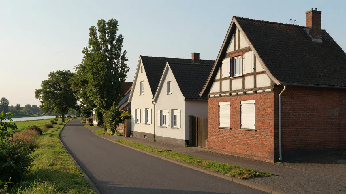 Illustration: Ruhige Dorfstraße mit Backsteinhaus samt Fachwerkgiebel und weißen Putzhäusern, links Bäume und ein Fluss