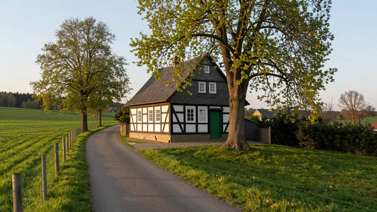 Illustration: Alter Fachwerkhof mit Schiefergiebel unter einer großen Linde an einem schmalen Weg zwischen Weiden im Abendlicht