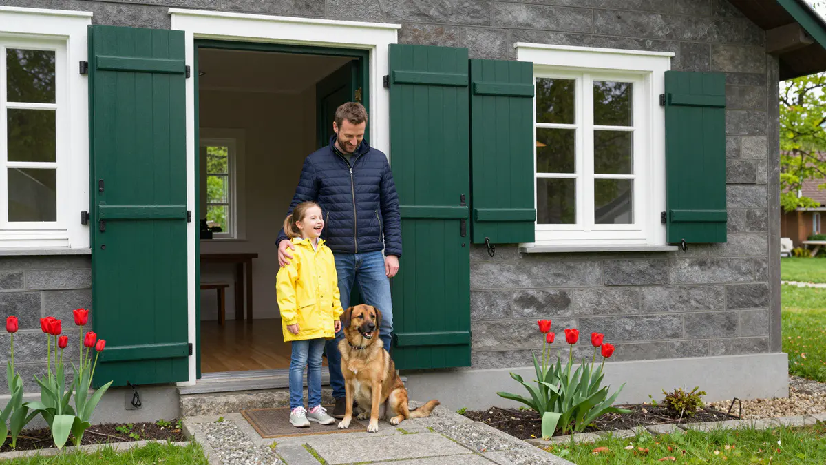 Illustration: Vater und Tochter in gelber Regenjacke lachen mit braunem Hund vor der offenen Tür eines Steinhauses mit grünen Läden