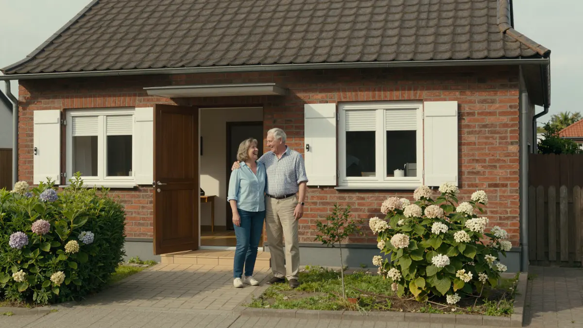 Illustration: Älteres Paar steht lachend Arm in Arm vor der offenen Tür eines Klinkerbungalows mit Hortensien im Vorgarten