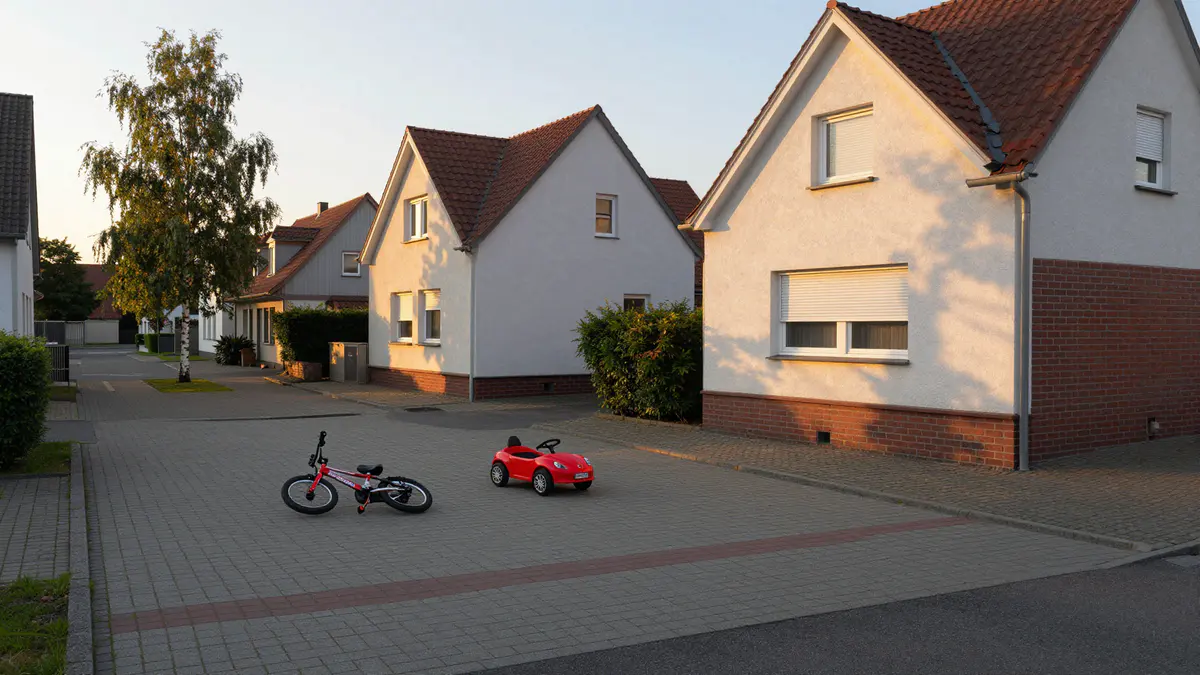 Illustration: Kinderfahrrad und rotes Spielzeugauto auf gepflastertem Wendeplatz zwischen hellen Putzhäusern in der Abendsonne