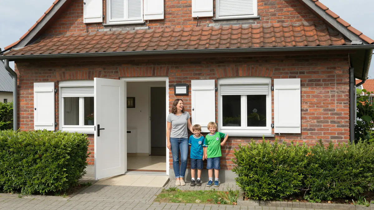 Illustration: Frau und zwei Jungen lachen neben der offenen Haustür eines roten Klinkerhauses mit weißen Fensterläden
