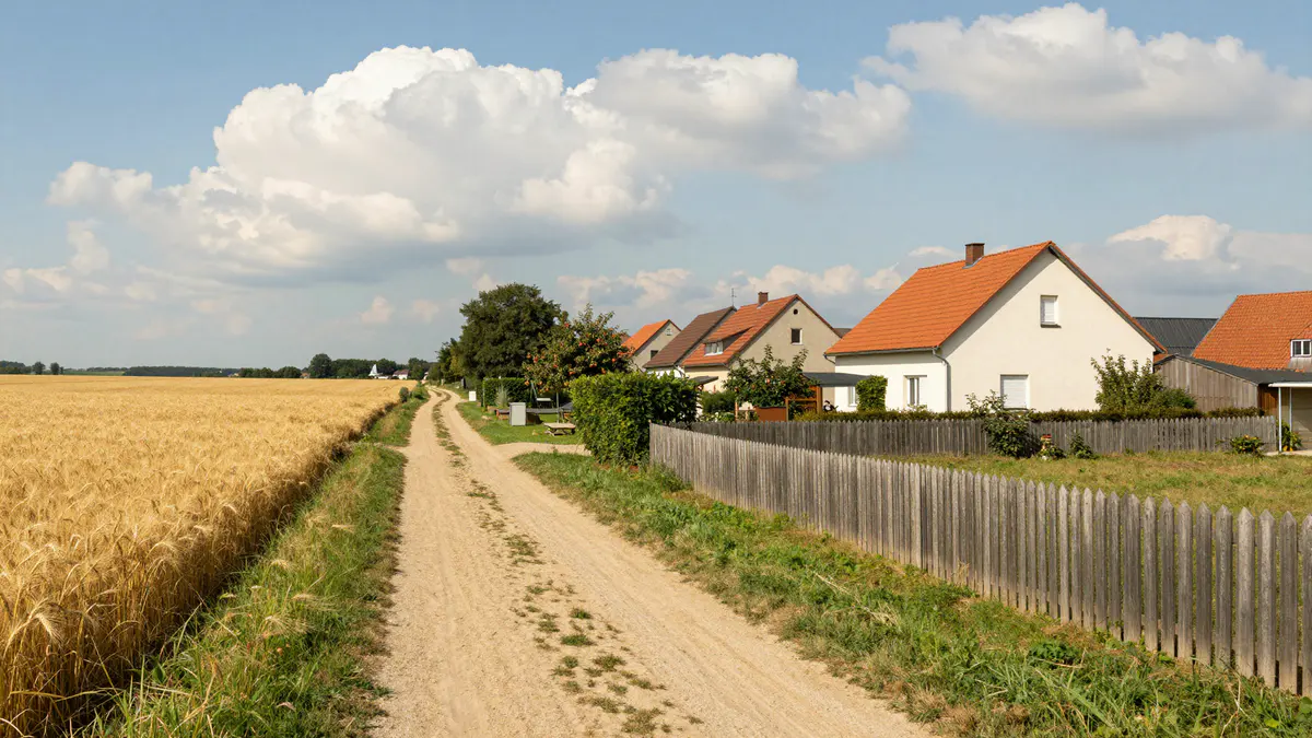 Illustration: Sandiger Feldweg zwischen reifem Getreidefeld und Gärten mit Holzzaun, dahinter helle Häuser mit roten Dächern
